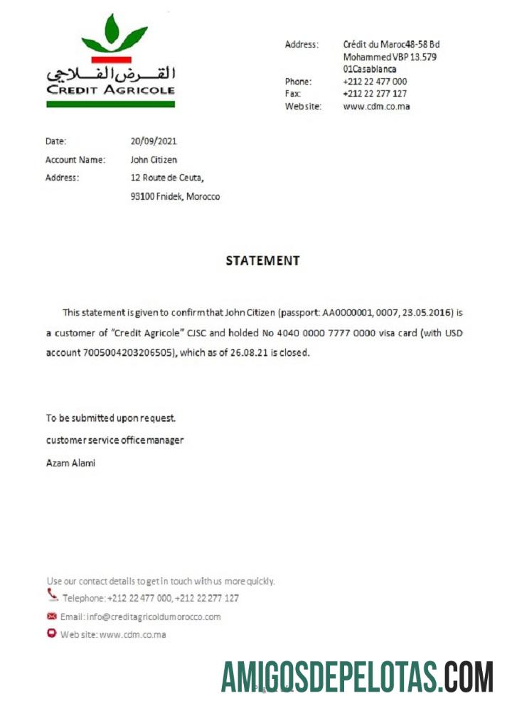 Referência de encerramento do Banco Credit Agricole de Marrocos modelo